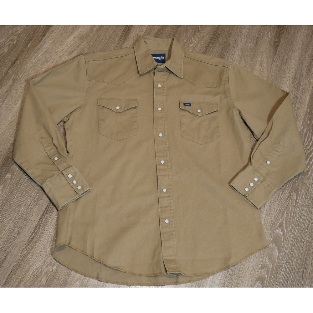 Vintage Wrangler Men Western Pearl Snap Shirt Tan Cotton Twill Long Sleeve Large